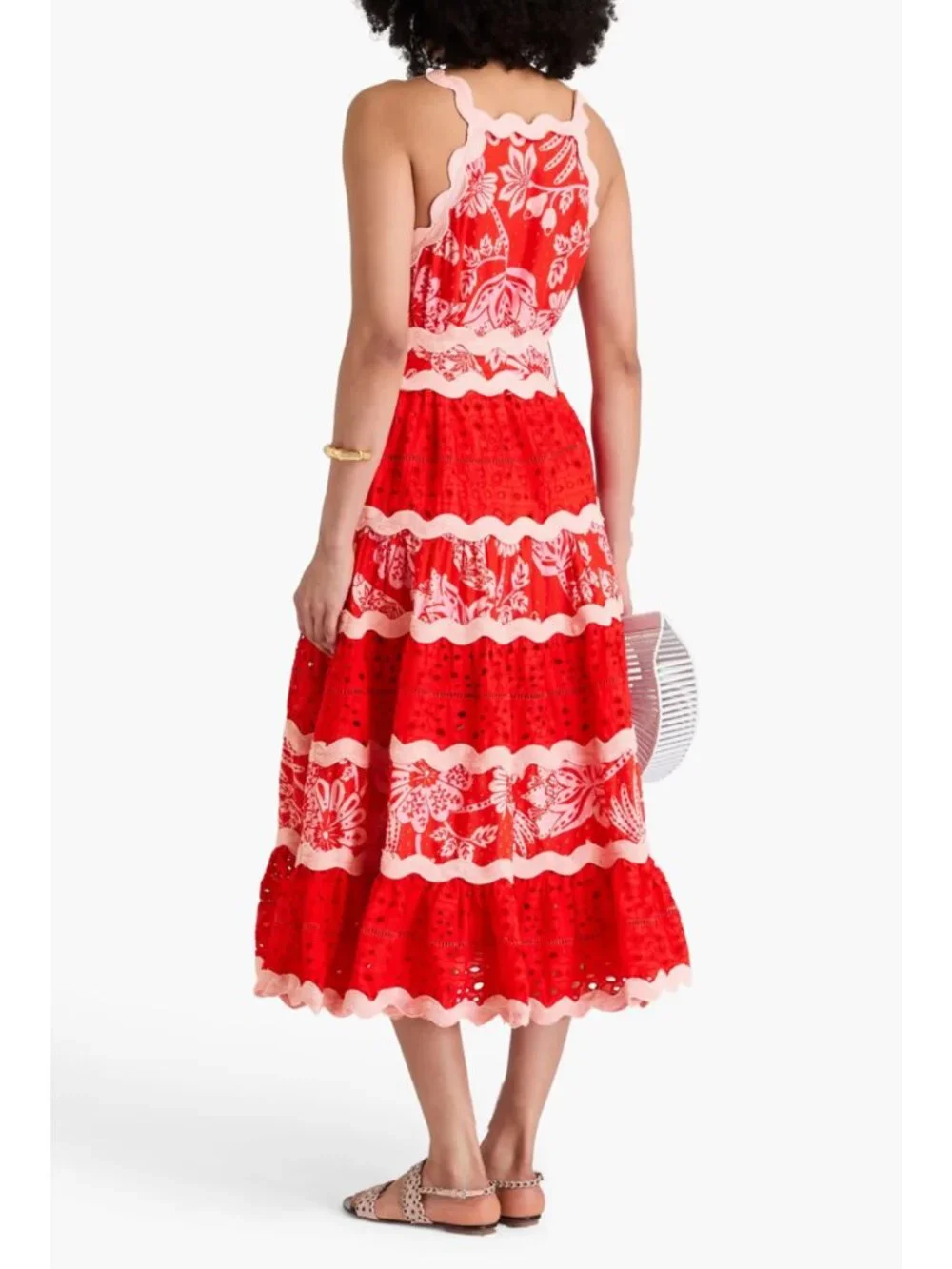 FARM RIO Flowerful Birds Maxi Dress XL NWT Red Pink Eyelet Lace V-Neck Plunge - Picture 8 of 13
